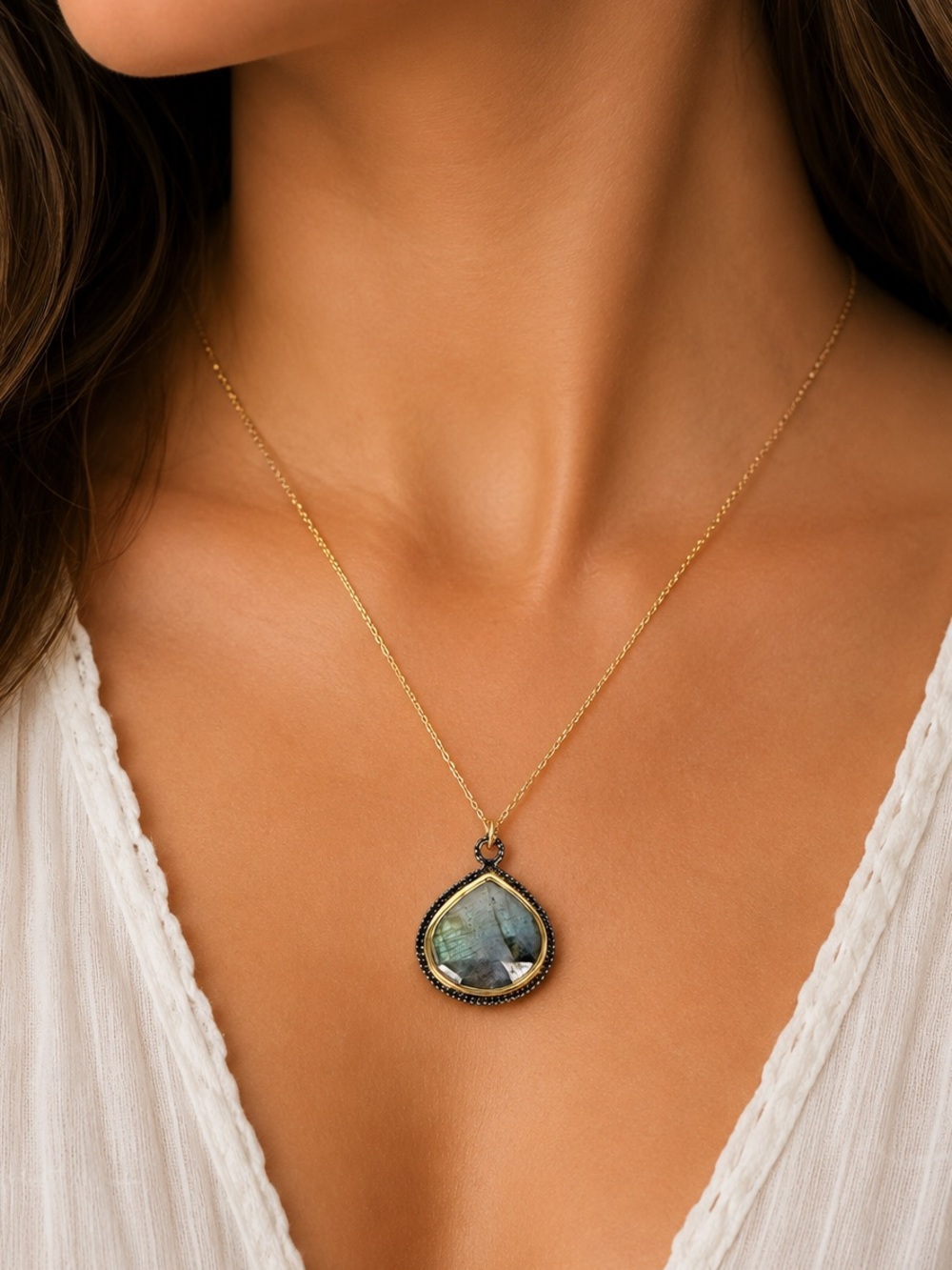 NEW - Boho Chic 18K Gold Vermeil & Oxidized Silver Genuine Labradorite Necklace